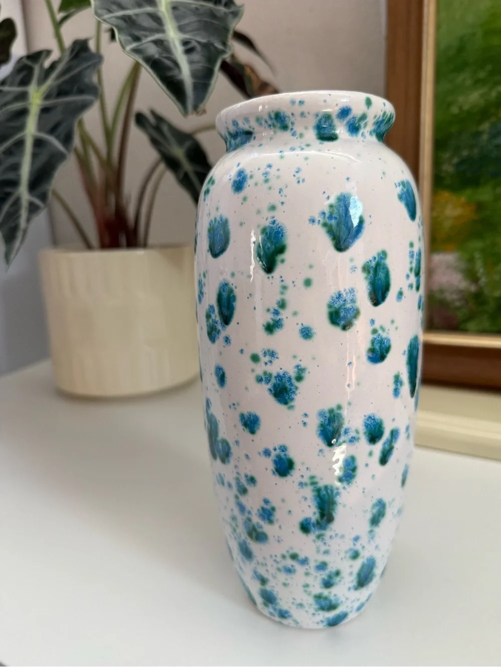 Handmade Signed White Ceramic Vase with Teal Blue Speckle